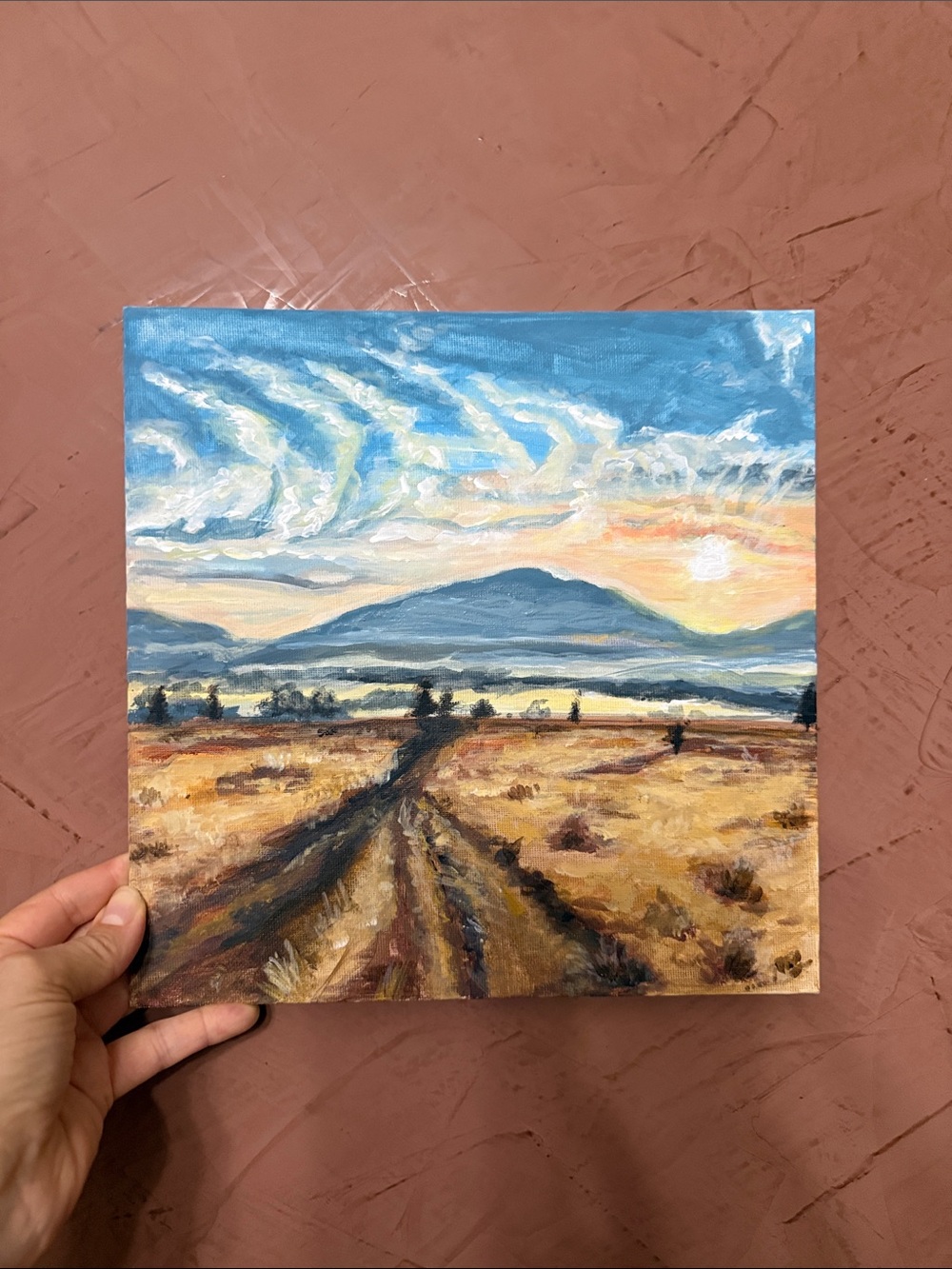 Sunlit Mountain Trail Landscape 10”x 10”Canvas Painting - Blue and Golden